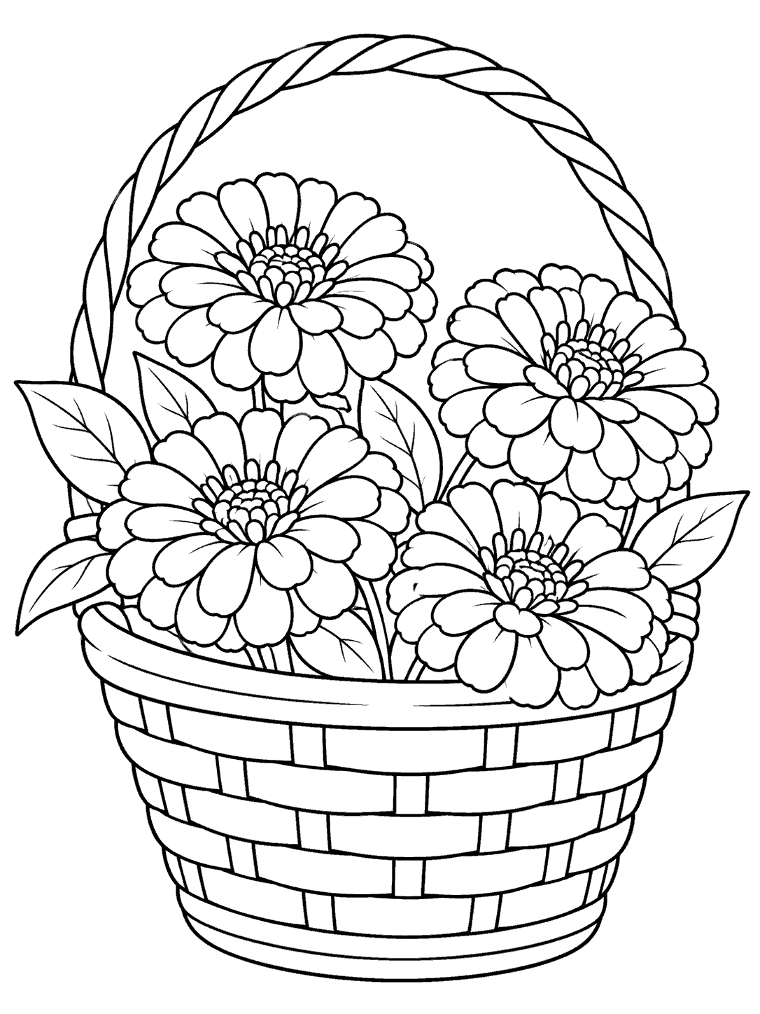 Printable black outline of four zinnias and leaves in a handled woven garden basket.