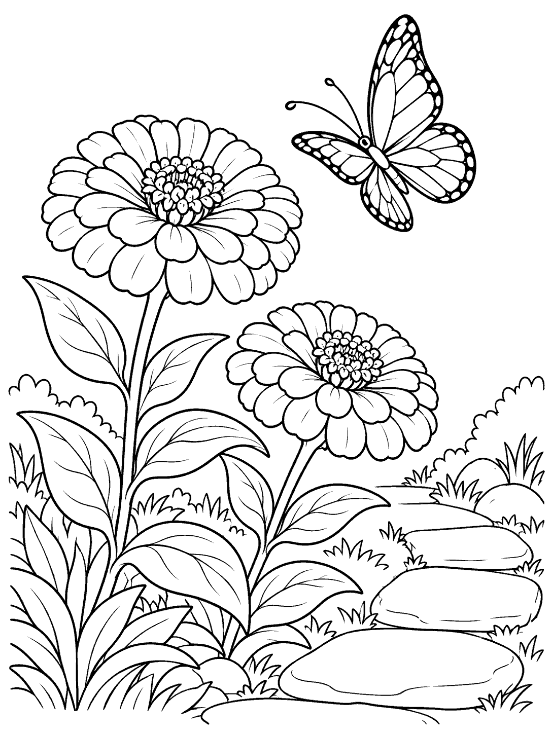 Black outline coloring page showing two zinnia plants beside a curved stone path with a butterfly above them.