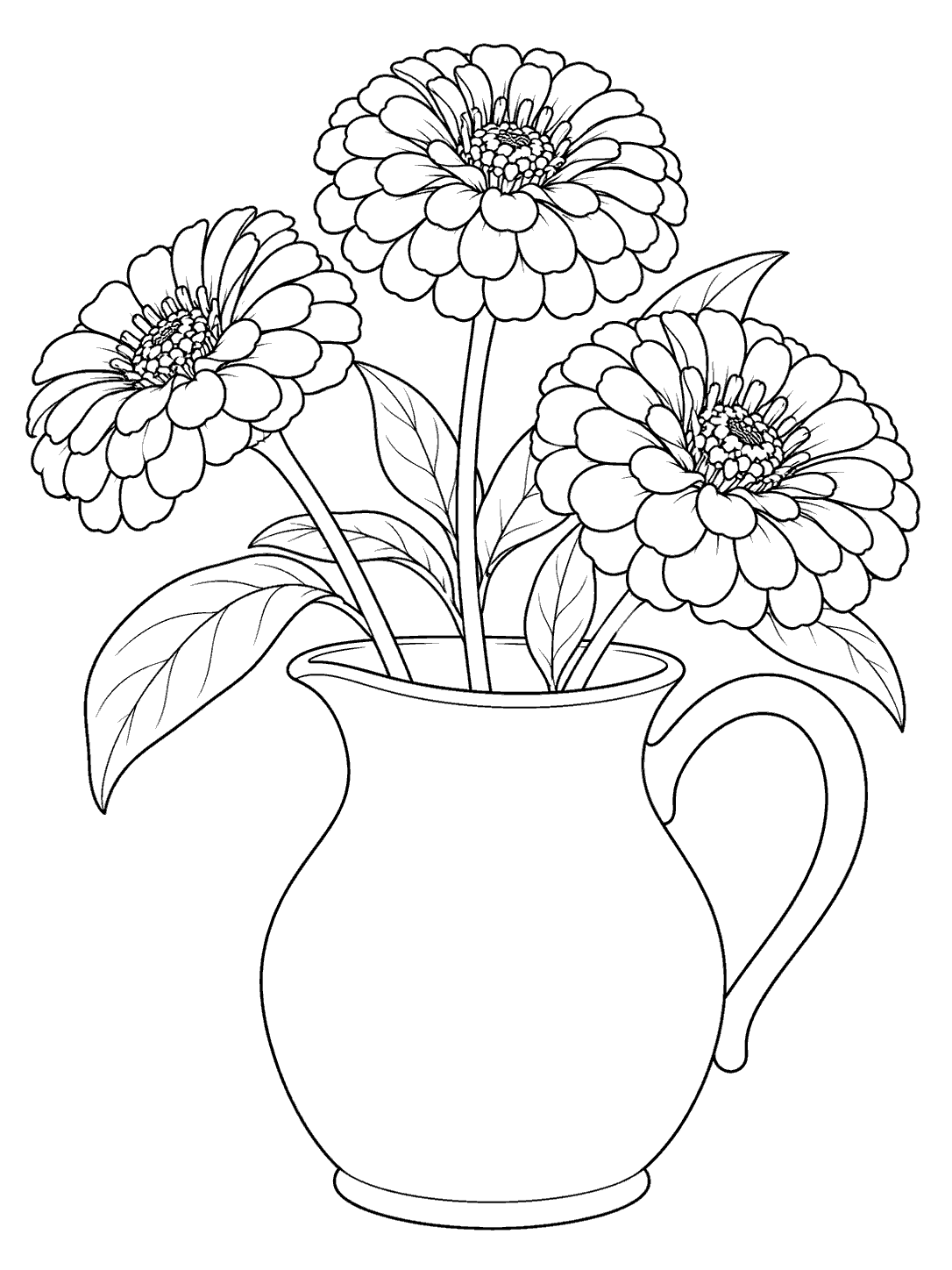 Printable black outline drawing of three zinnias with long stems and leaves in an undecorated pitcher.