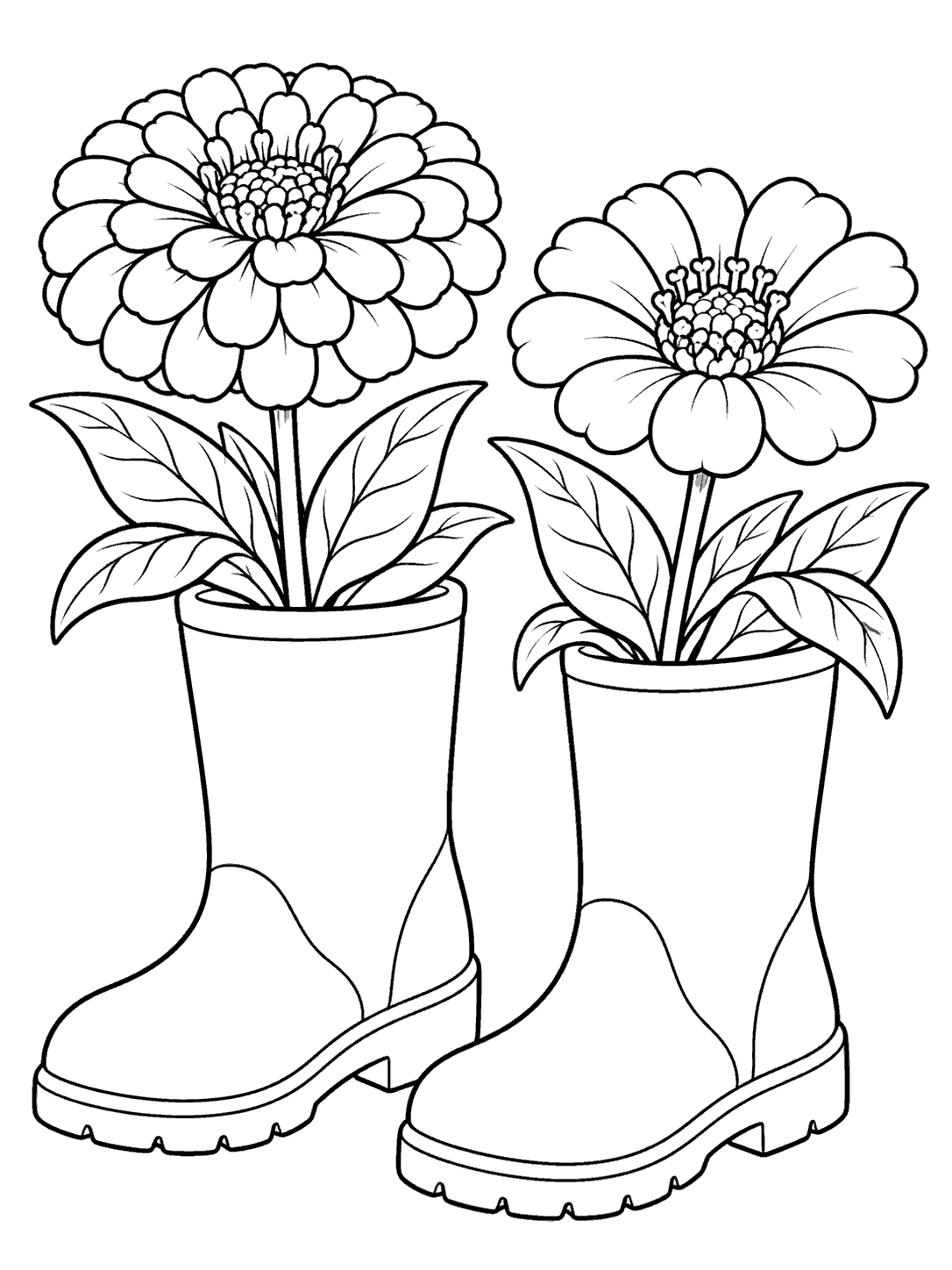 Black outline coloring page showing two large zinnias and leaves growing from separate gardening boots.