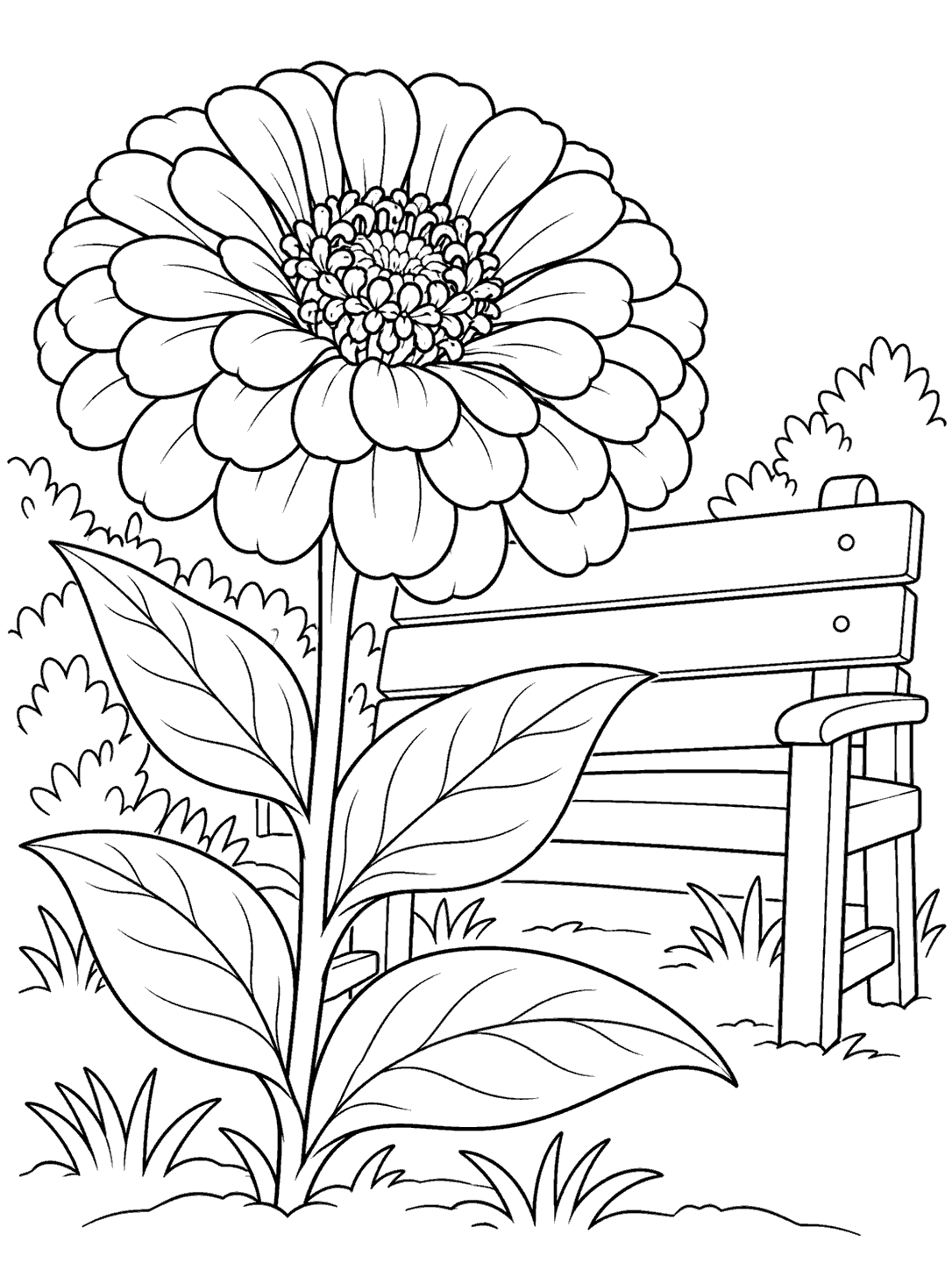 Printable black outline of a large zinnia growing beside a wooden garden bench, with a few tufts of grass.