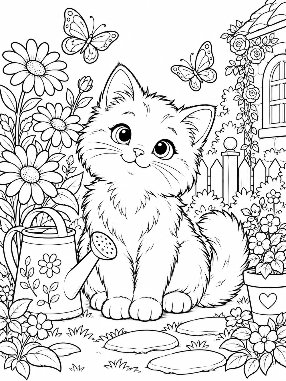 Cat and flower garden coloring page illustration